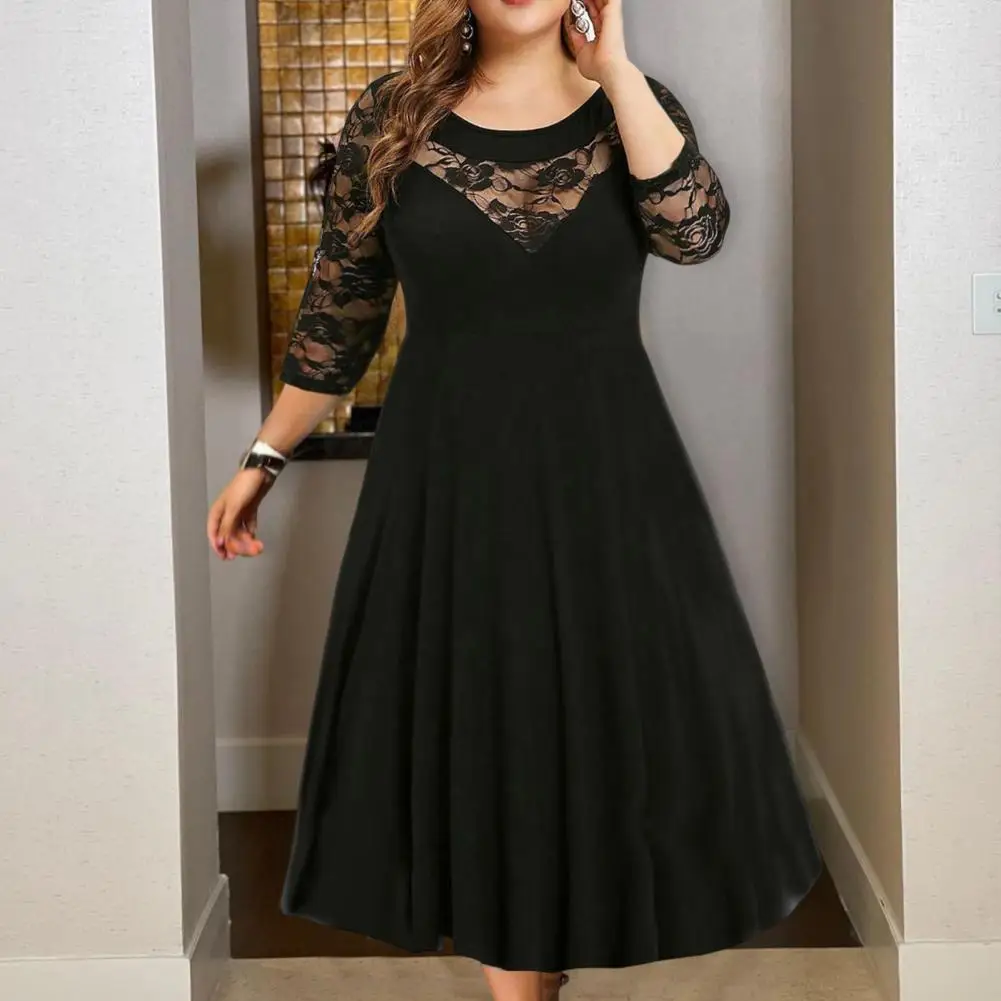 Beautiful Oversized Dress  A-Line High-Waist Women Dress  Plus Size Lace Stitching 3/4 Sleeve Evening Dress