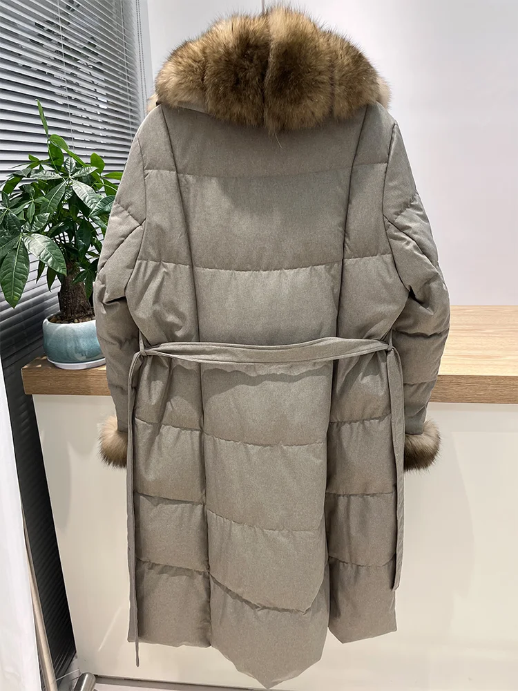 Veste chaude en duvet d'oie pour femme, col en vraie fourrure de renard, longue et épaisse, décontractée, nouvelle collection hiver