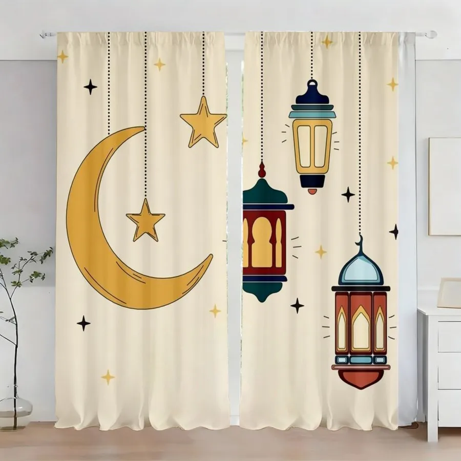 2 PCS Cartoon Star Moon Curtains, Childlike Ramadan Style Window Drapes for Living Room Bedroom Home Decor Polyester Rod Pocket