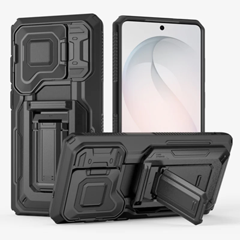 Heavy Duty Bracket Armor Card Slot Wallet Case for Samsung Galaxy S26 Ultra S25 Plus Rugged Bumper Camera Lens Protection Cover