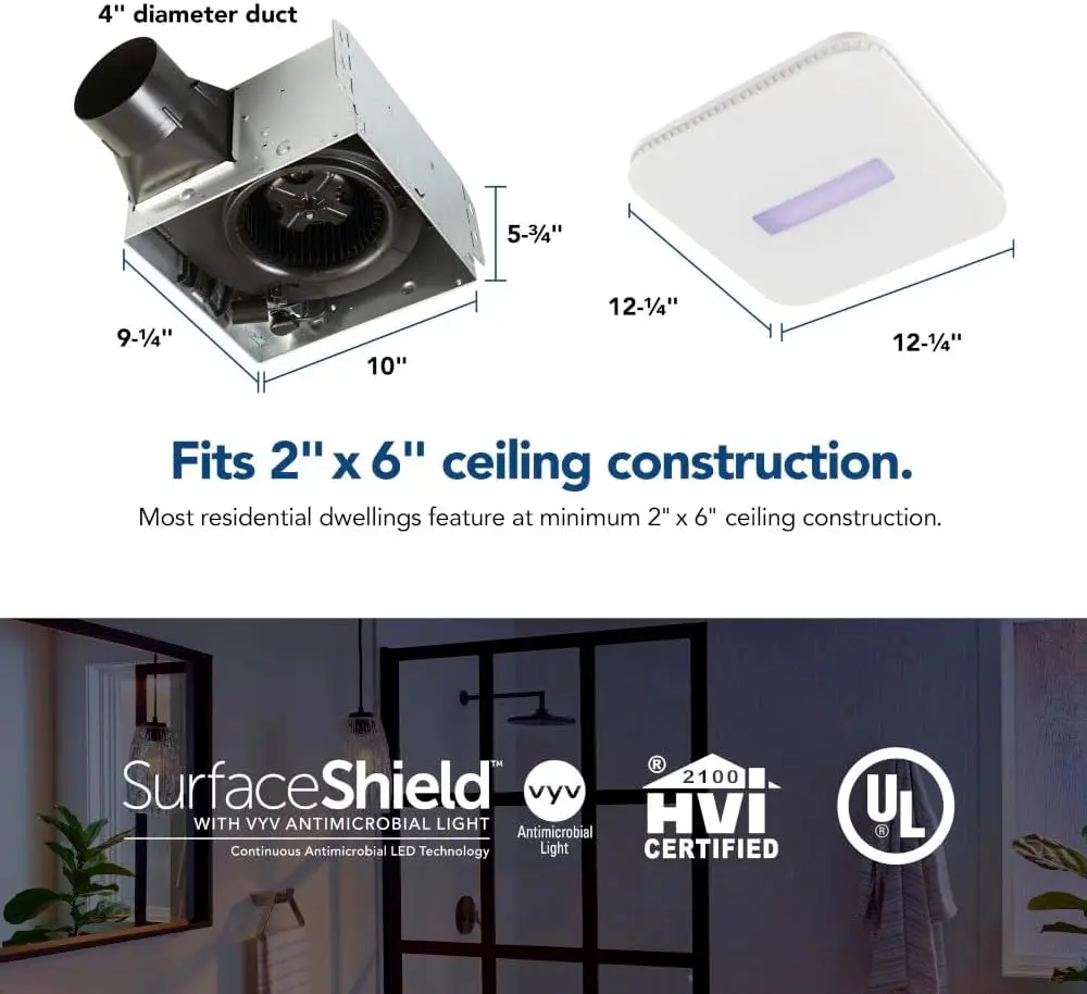 فتحة تهوية عادم Vital Vio LED والضوء البنفسجي مع درع سطحي، 110 CFM، أبيض، نظام تهوية يعمل بالطاقة #2