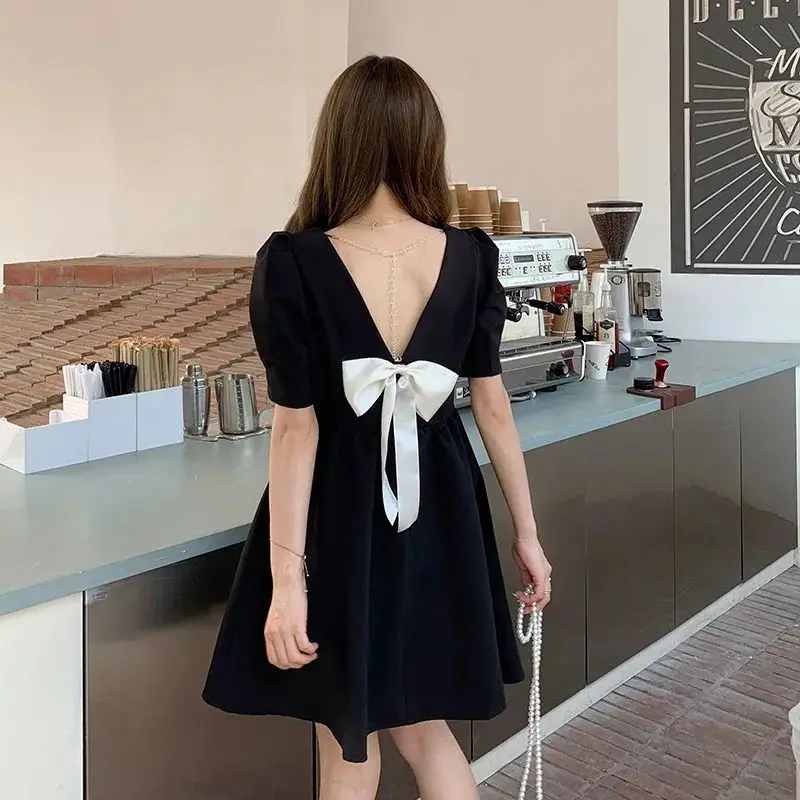 Sweet Square Collar Backless Puff Sleeve Bow Princess Dress Female Clothing 2024 Summer New Loose Solid Color Casual Dresses