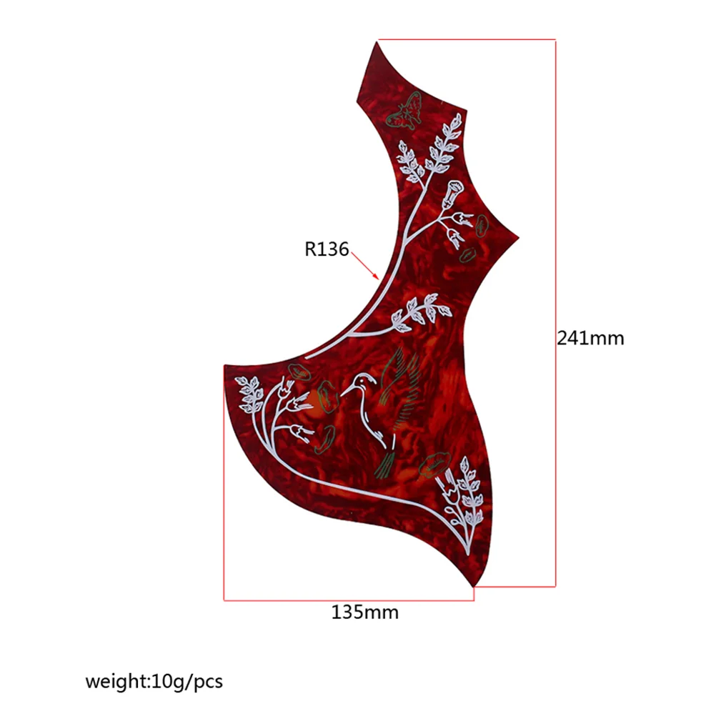 Flower and Bird Pattern Wing Shaped Guitar Pickguard Self-adhesive Pick Guard Sticker for Acoustic Guitar (Dark Red)