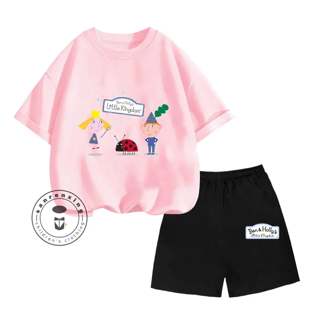 طقم تي شيرت للأطفال من Ben and Holly Kingdom للأولاد والبنات شورت رياضي بأكمام قصيرة مطبوع عليه رأس أنيمي قميص كاجوال ملابس صيفية