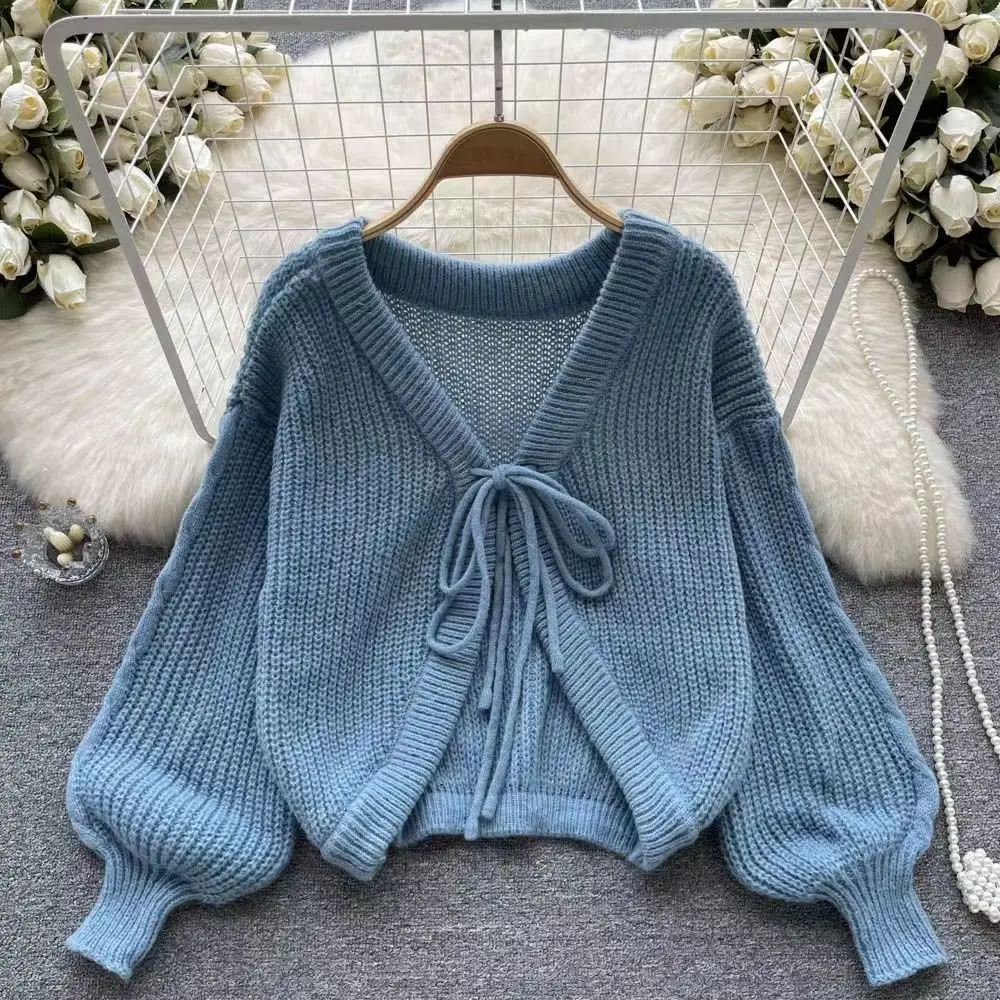 Autumn Lazy Style Tie Bubble Sleeve Irregular White Knit Sweater For Women Loose V-neck Sweater Cardigan Crop Top Jacket Women