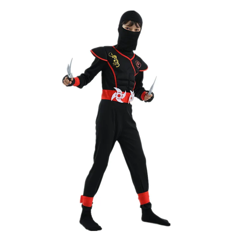 Halloween Ninja Costume Dress Up Ninja Costume for Kids Black Deluxe Ninja Costume for Boys with Knife Fork for Kids (10-12 Yrs)