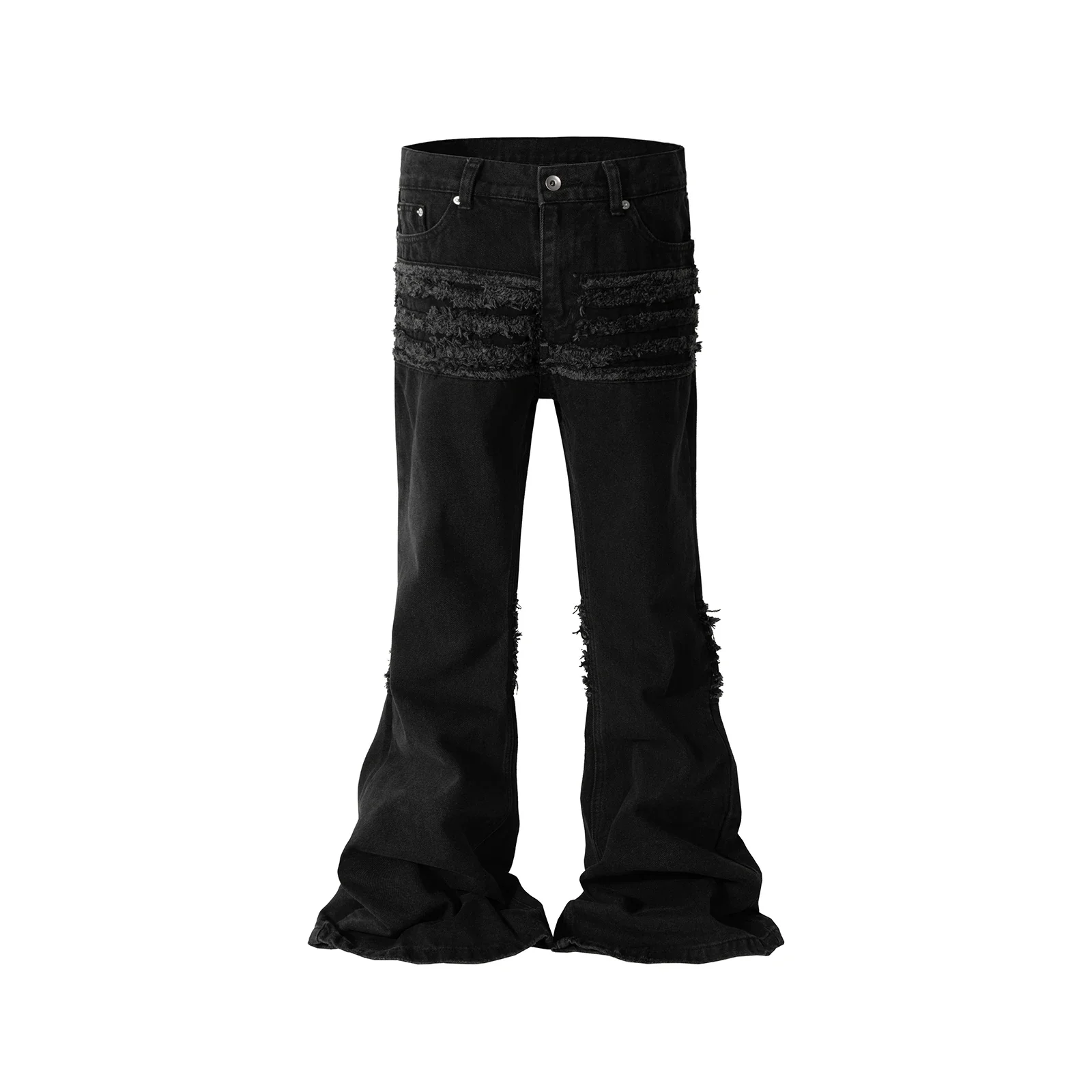 High Street Frayed Tassel Black Flare Jeans Pants for Men Straight Baggy Ropa Hombre Denim Trousers Oversized Distressed Cargos