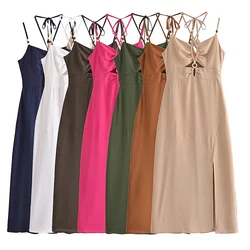 YENKYE Summer Women Fashion Backless Halter Sling Dresses Front Slit V Neck Female Midi Party Sexy Dress