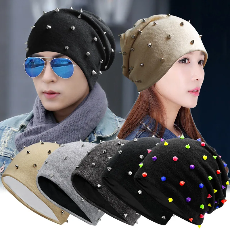 

Autumn Winter Rivets Stitching Turban Cap Street Fashion Knitted Set Of Head Cap Solid Color Windproof Couple Package Head Cap