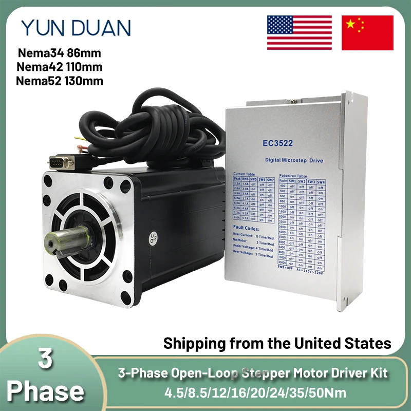 

3 Phase Nema34 Nema42 Nema52 Stepper Motor 4.5/8.5/12/16/20/24/35/50Nm 14/19mm Shaft Motor AC80-240V EC3522 EC3822 Driver Kit