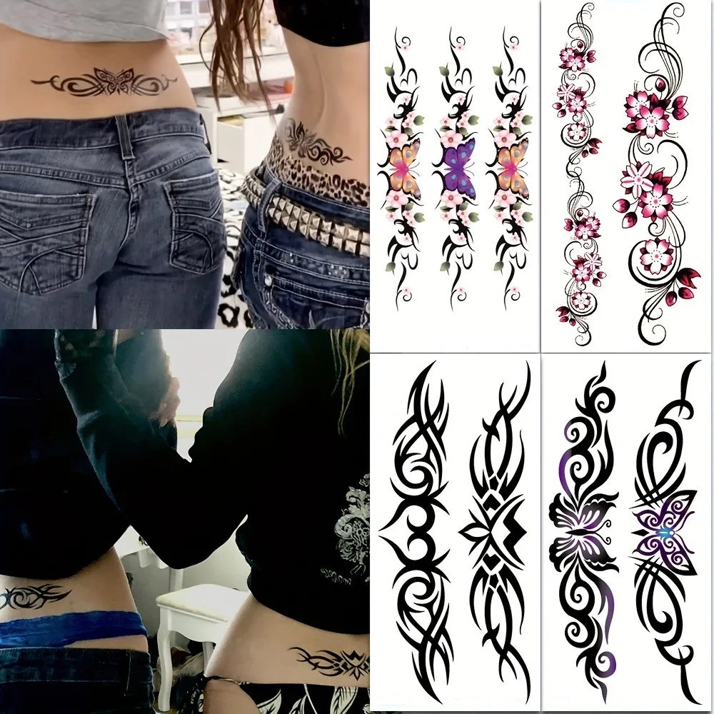 Sexy Butterfly Flower Tattoo Stickers Black Design Waist Body Fake Tattoo Sticker Leg Belly Waterproof Female Waist Thigh Tattoo