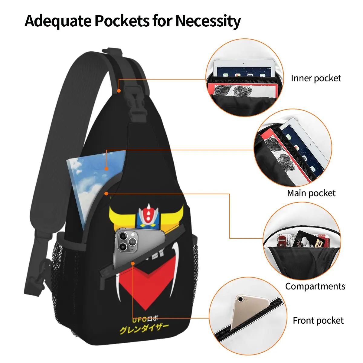 Grendizer Japanese Anime Sling Bags Chest Crossbody Shoulder Sling Backpack Outdoor Sports Daypacks UFO Robot Cool Pack