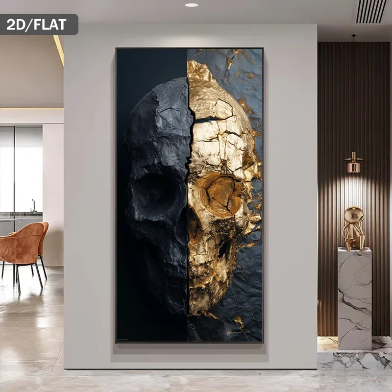 Large-sized 1pc frameless Canvas Painting 2D/Flat Large Abstract Black & Golden Half-Skull Split Canvas Wall Art, Unframed Moder