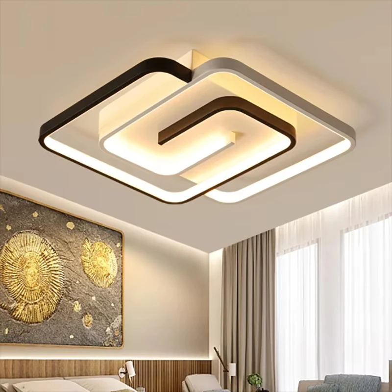 

Bedroom Led Chandelier Light Black White Square Modern Ceiling Lamp Attic Living Room Dining Kitchen Interior Fixture