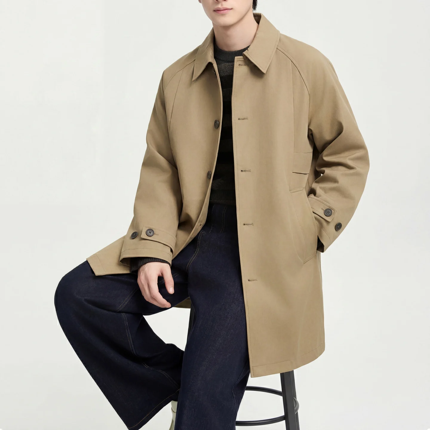 

Black/Khaki Man Trench Coat Spring New Luxury Single Breasted Men's Jackets Long Sleeve Turn Down Collar Casual Light Coats Men
