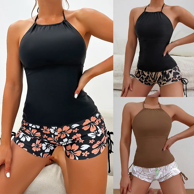 

NewTankiniPrinted Boxer Shorts Halter Neck Conservative Bikini Two-Piece Swimsuit Swimwear