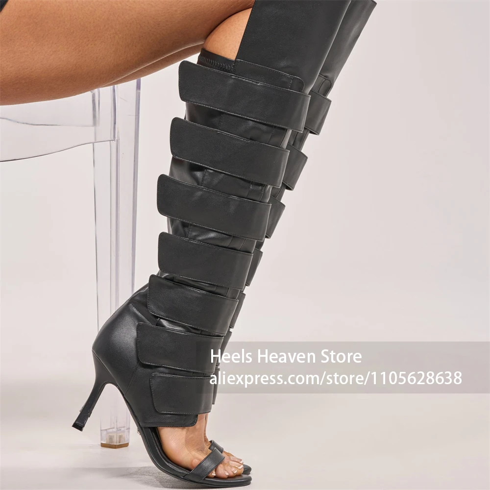 Layer Wide Strap Design The Knee Heels Over The Knee Cut Out Shaft Black Smooth Faux Leather Edgy Black Stiletto Gladiator Boots