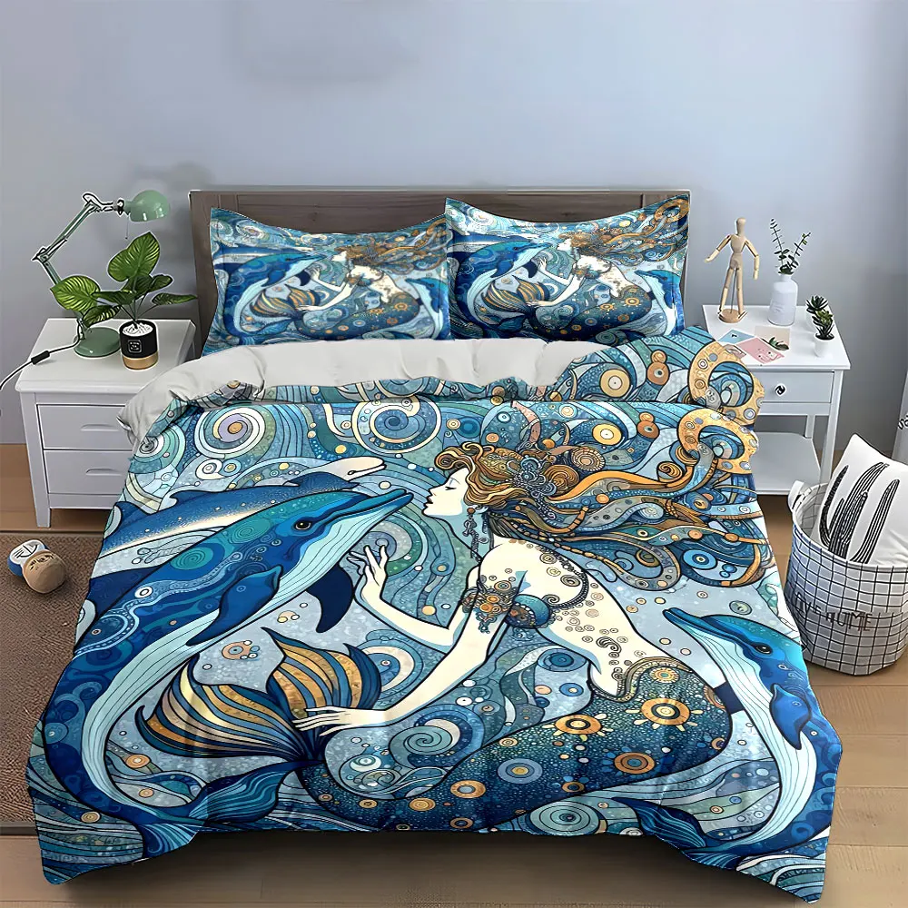 Mermaid And Dolphins Decorative Art Bedding Set with 1 Duvet Cover 2 Pillowcases Single Double King Queen, Gift