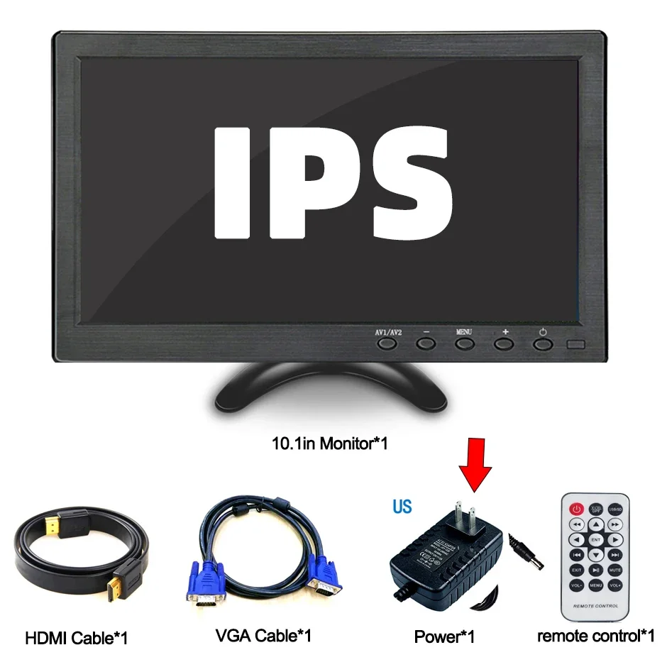 10.1-Inch IPS Screen 1024x600 LCD HDMI-compatible AV Bnc VGA Input Monitor for PC Computer Backup Camera CCTV TV Game Box RPI