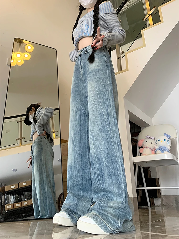 

Широкие джинсы с высокой талией в американском стиле ретро, женские свободные длинные брюки, осень-зима, большие размеры, повседневные джинсовые узкие брюки