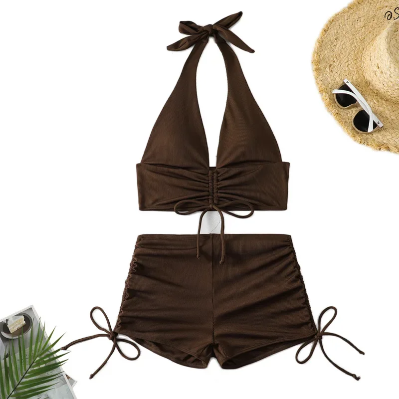 

Sexy High Waist Bikini Shorts 2025 Women Swimsuit Two Piece Swimwear Female Bikinis Set Brown Bathing Suits Brazilian Biquini