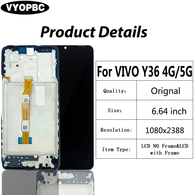 LCD Display Full With Frame Touch Screen Digitizer Assembly For Vivo Y36 4G V2247 5G V2248 Pantalla Replacement Repair Parts