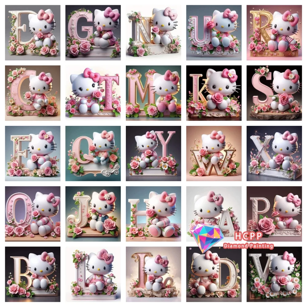 

2026 Hello Kitty Cartoon Letter Diamond Drawing Kit Square Round Diamond 5D DIY Mosaic Handmade Art Exquisite Gift Home Decor