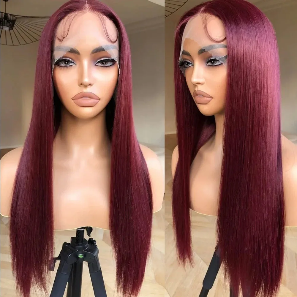 13x4 Burgundy Lace Front Wig 24 Inch Straight Synthetic Hair, Heat-Friendly Fiber Pre-Plucked Natural Hairline for Women