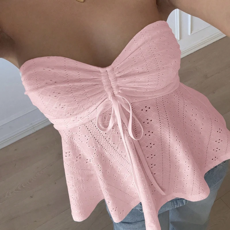 

Vintage Pink Bandeau Off The Shoulder Tank Top Summer Casual Drawstring Women's Vest 2026 Yellow Sexy Backless Slim Tops Bow