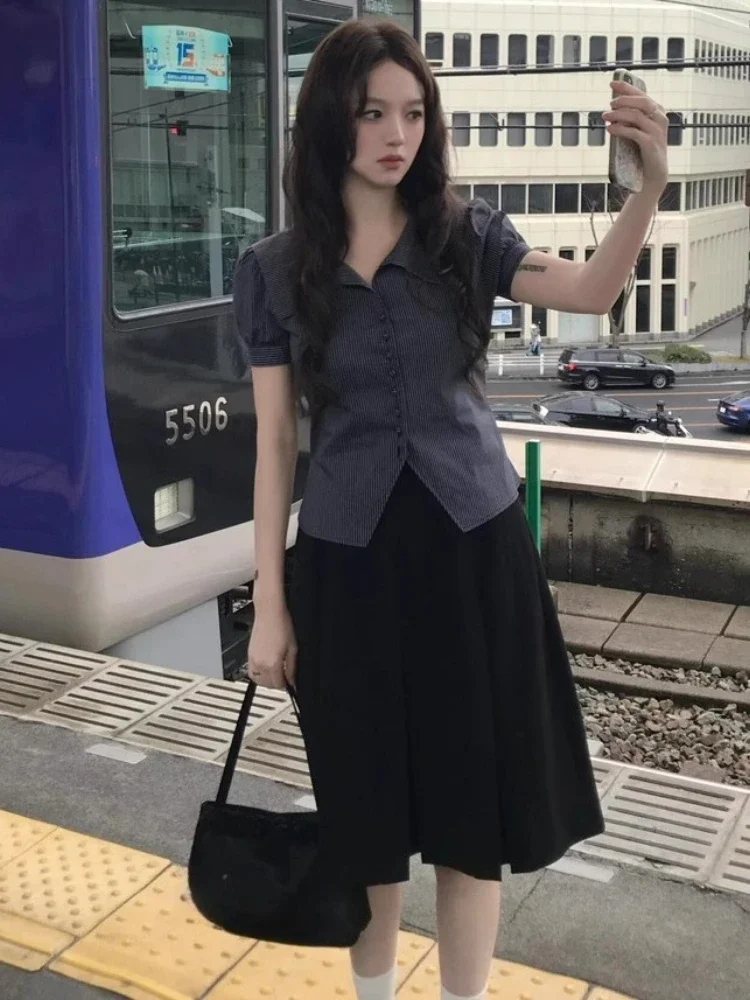 

Y2k Эстетическая женская полосатая блузка Harajuku Повседневная однобортная приталенная рубашка в стиле гранж Уличная одежда Блузки с пышными рукавами в стиле гранж