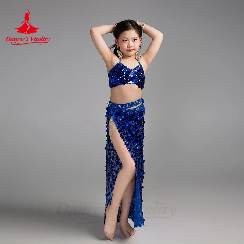 Belly Dance เสื้อผ้าชุดเด็กหรูหรา Rhinestone เลื่อมเครื่องแต่งกายประสิทธิภาพสาว Oriental Belly เต้นรําชุด