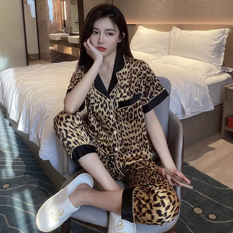 Ms. Senior Light Luxury Wind Ice Silk Pajamas Homewear Suit New Female Summer Leopard Short-Sleeved Long Pants Homewear