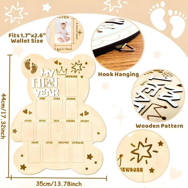 My First Year Wooden Photo One Year Birthday Milestone Photo Board Bear Shaped 12 Monthly Picture Frame Baby Sign 1st Birthday