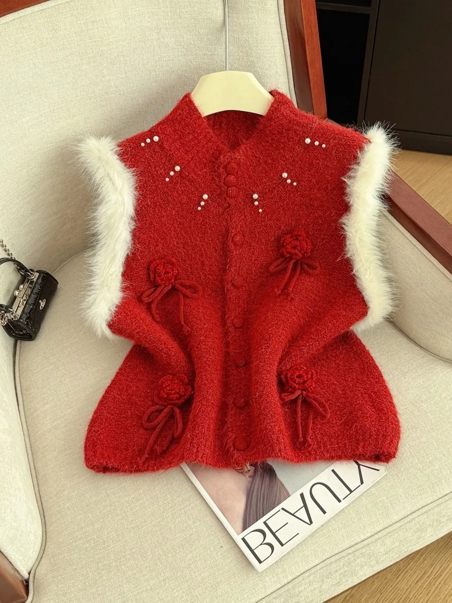 

Женский свободный пушистый красный жилет-кардиган Luy Year для весны и осени, для многослойных образов, уютная хлопковая верхняя одежда