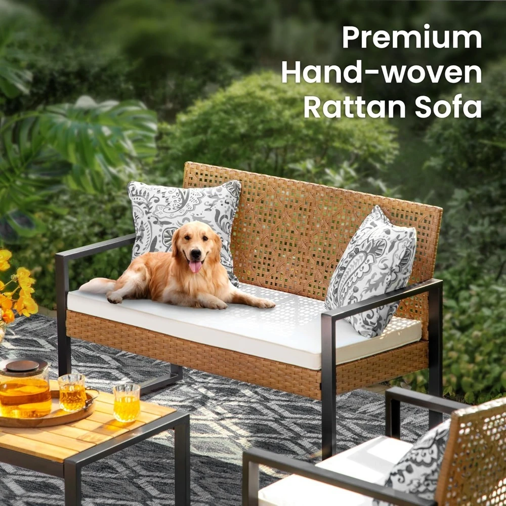 

Wicker Patio Furniture Set for 4, Rattan Loveseat & Chairs with Beige Cushions & Acacia Wood Coffee Table, Customized