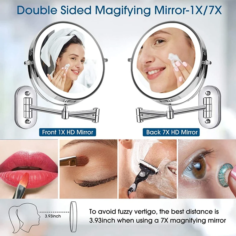 Wall Mounted Vanity Bathroom Bath Makeup Mirror With LED Swivel Folding Lighted 1X/5X Magnification Cosmetic Mirror