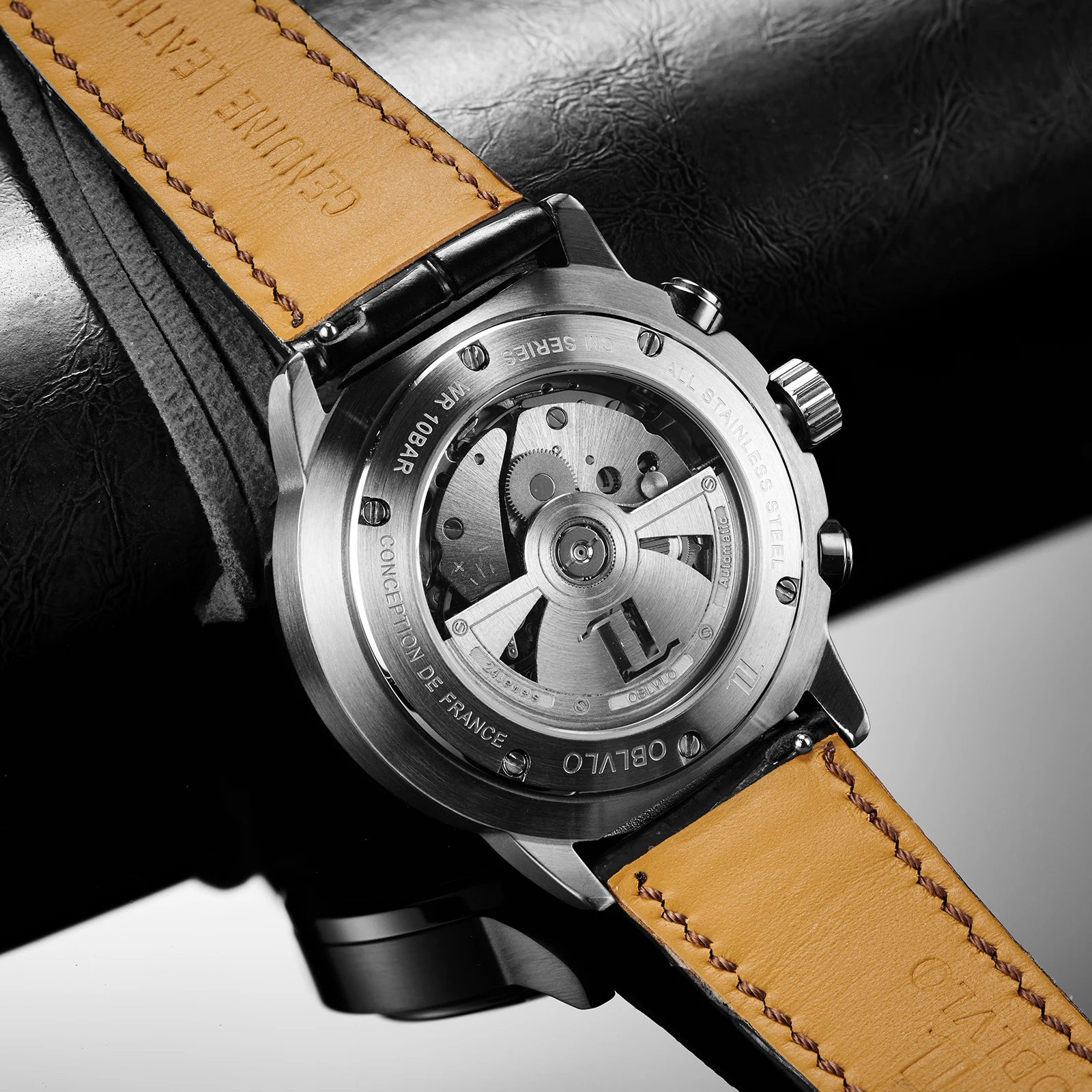 OBLVLO Brand Men Dress Automatic Watch Mechanical Leather Strap Sapphire Year Month Week Calendar 24-Hour Display 40mm Clock CM2