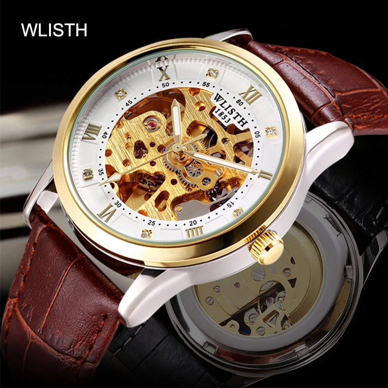 Fashion Wlisth Top Brand Automatic Mechanical Watch Men's Hollow Retro Luminous Waterproof Men Business Leather Or Steel Watch