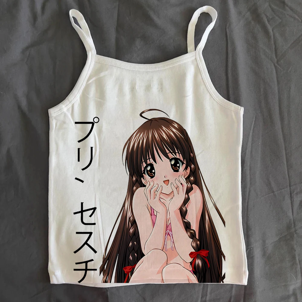 อะนิเมะการ์ตูน Y2K สไตล์ผู้หญิงสลิง Crop Tops Punk Letter พิมพ์สบายๆเสื้อน่ารัก Harajuku Vintage Gothic Streetwear