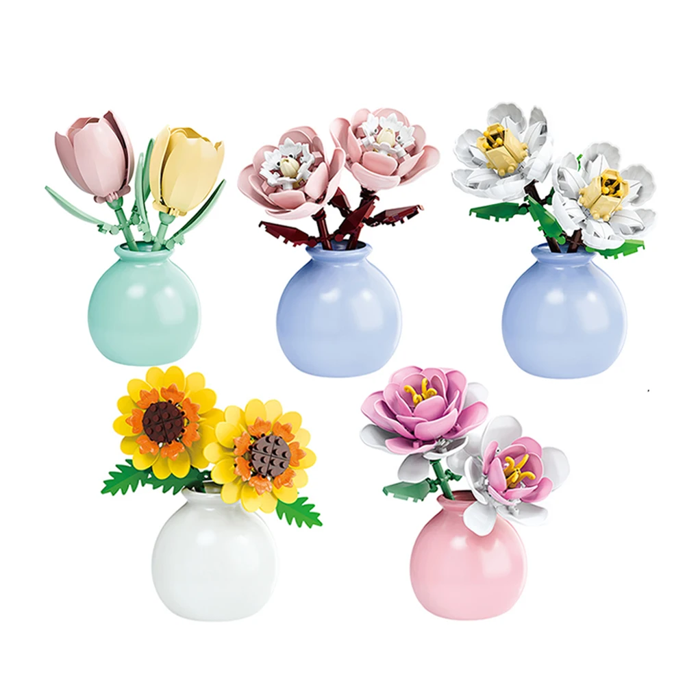 HUIQIBAO MOC Bloem met Vaas Model Bouwsteen DIY Eeuwige Boeket Thuis Bureau Bureau Plant Decor Baksteen Meisje Gift Kinderen Speelgoed