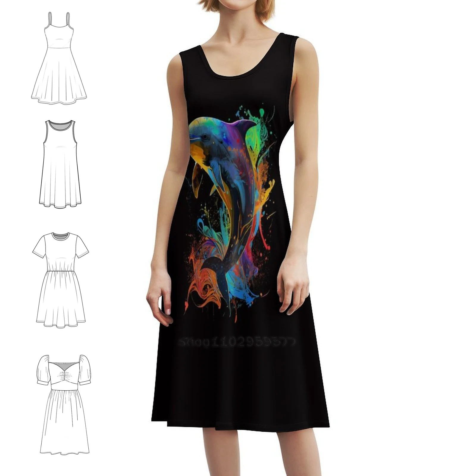 دولفين فن البوب تصميم ملون دولفين عاشق تصميم البوهيمي بلا أكمام فستان متعدد الطباعة شاطئ عطلة فستان الحفلات دولفين #1