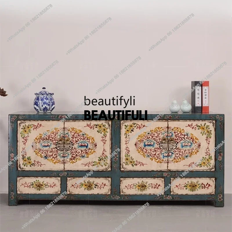 ss8350 Chinese antique old 4 pumping 4 door low cabinet retro old TV locker classical paint furniture