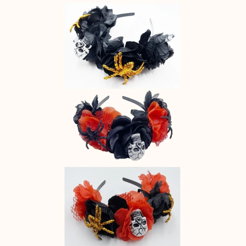 Scary Skull Headband for Kids Halloween Día Muertos Flower Theme Parties Dark Skeleton Headband with Colorful Rose