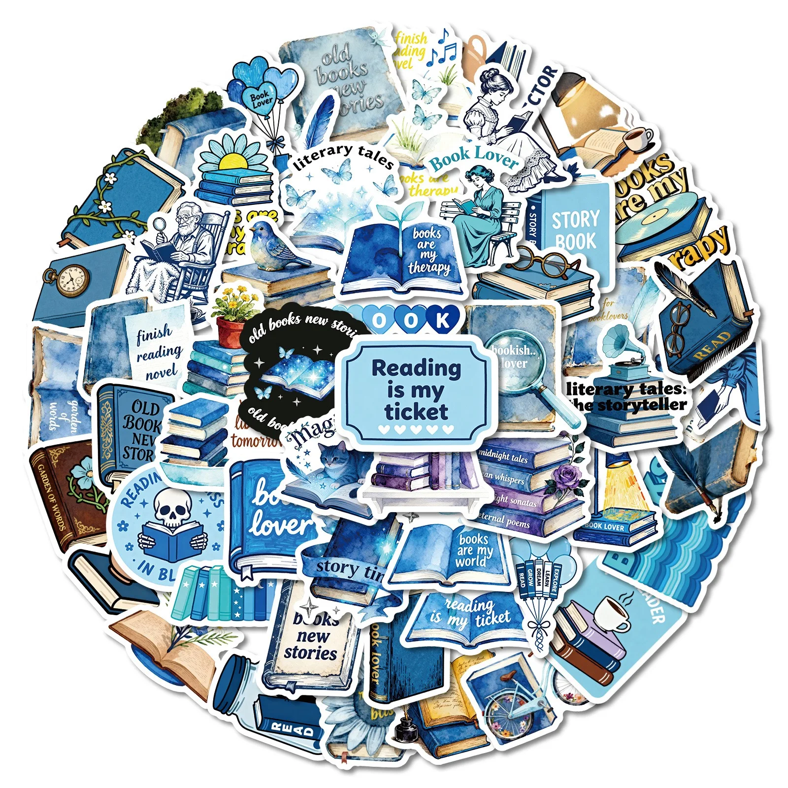 56pcs Blue Reading Book Bookish Stickers Kindle Aesthetic Girls Ins Decals Scrapbooking Laptop Phone Stationery Kids Toy Gift