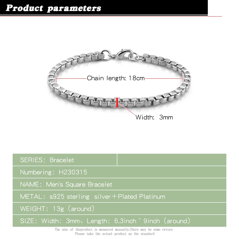 Fashion men jewelry box chain 925 sterling silver bracelet for men Hip hop boy fine bracelet  wide 3MM 6.3-9 inch