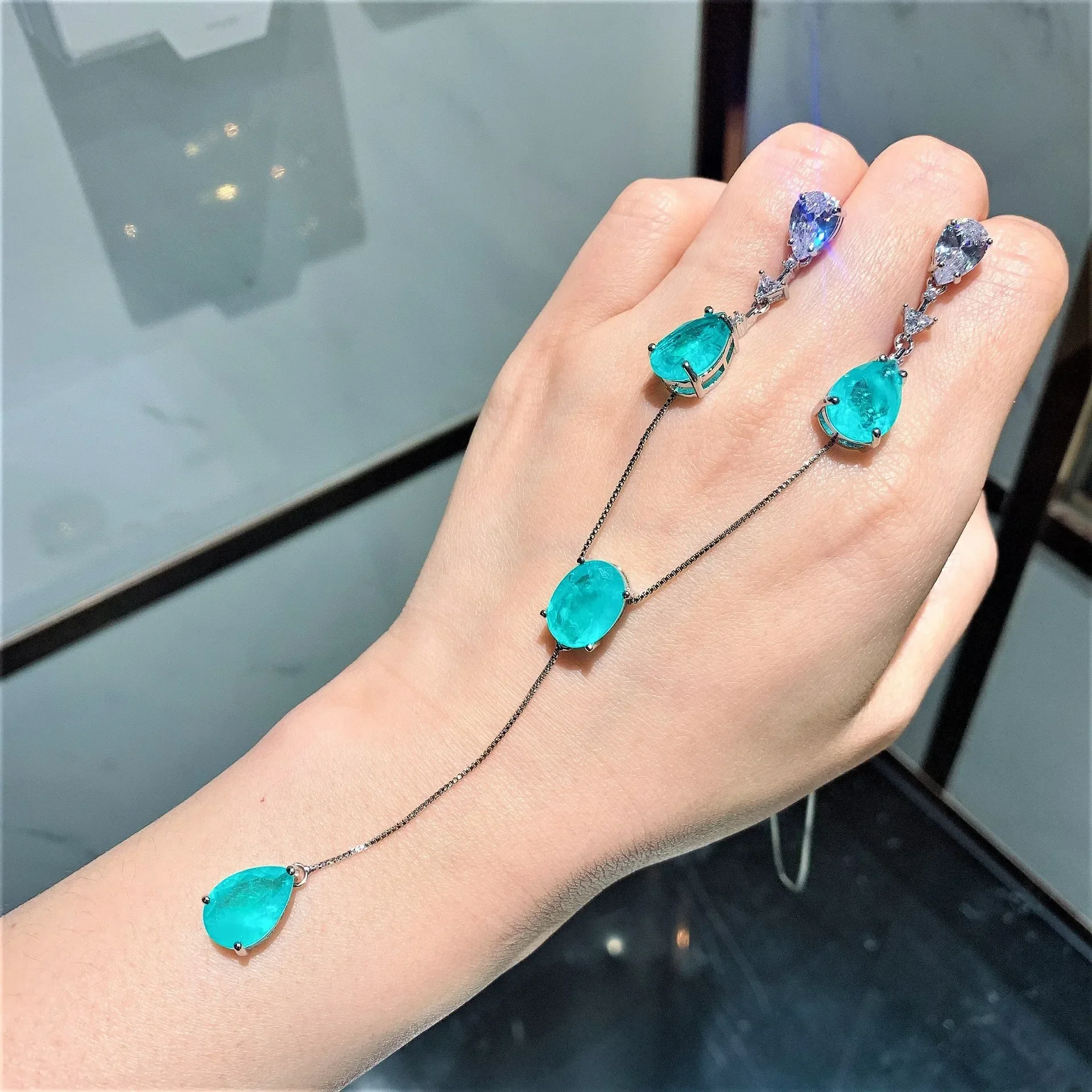 

2024 Paraiba Tourmaline Gemstone Long Pendant Necklace Tassel Earrings Wedding Anniversary Fine Jewelry Set Women Birthday Gift