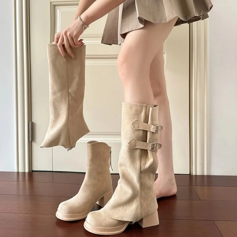 Длинные короткие сапоги из двух предметов, женская обувь, осенне-зимние новые съемные женские сапоги, женские высокие сапоги на высоком каблуке на толстой подошве