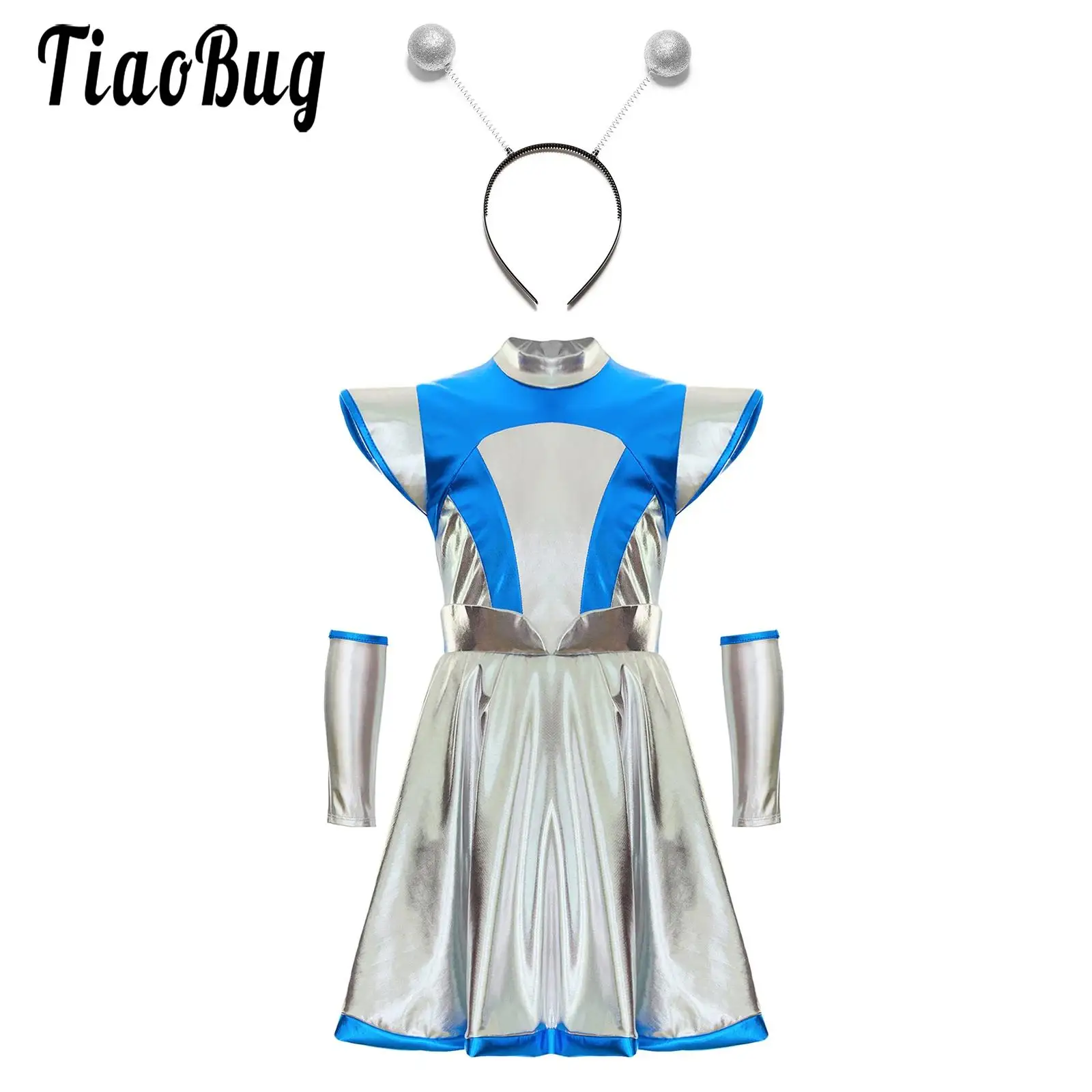 

Girls Alien Cosplay Costume Sleeveless Shiny Metallic A-line Dress with Arm Sleeve and Hair Hoop Outer Space Halloween Outfit