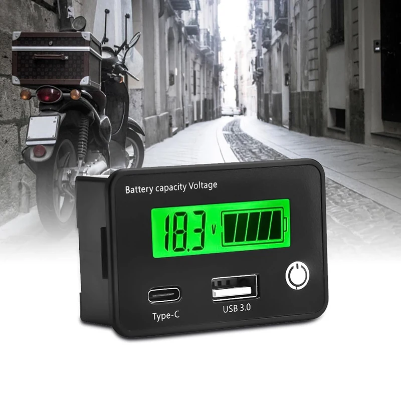 DC8-30V Battery Capacity Indicator Lead-Acid/Lron-Lithium/Ternary Lithium Measurement with USB3.0 and Tpye-C for Car Motorcycle
