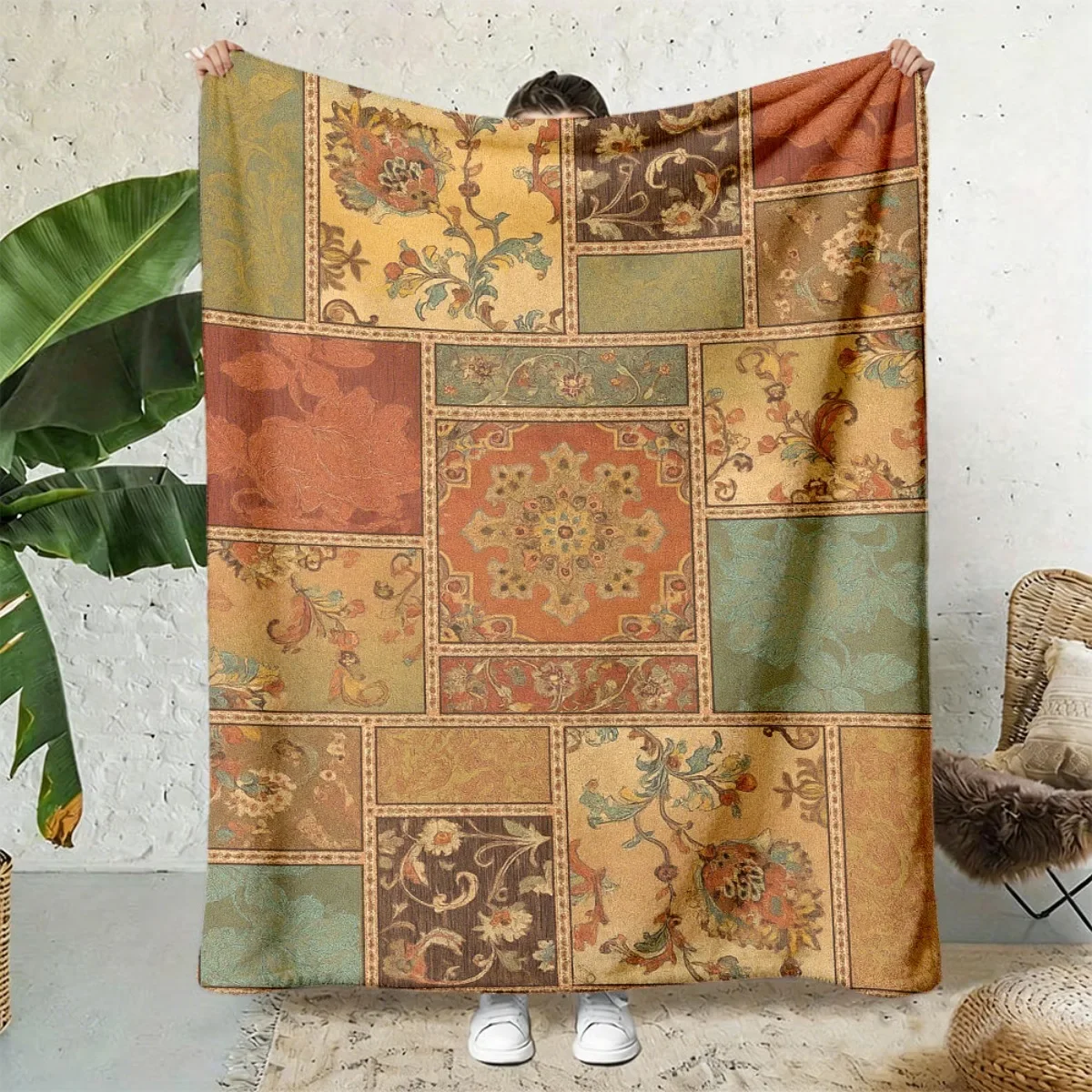Vintage Patchwork Floral Ethnic Plaid Splicing Retro Pattern Print Soft Flannel Blanket Bohemian Throw for Sofa Bedroom Home Use